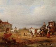 unknow artist, An open landscape with a horse and carriage halted beside a pond,with anmals and innnearby